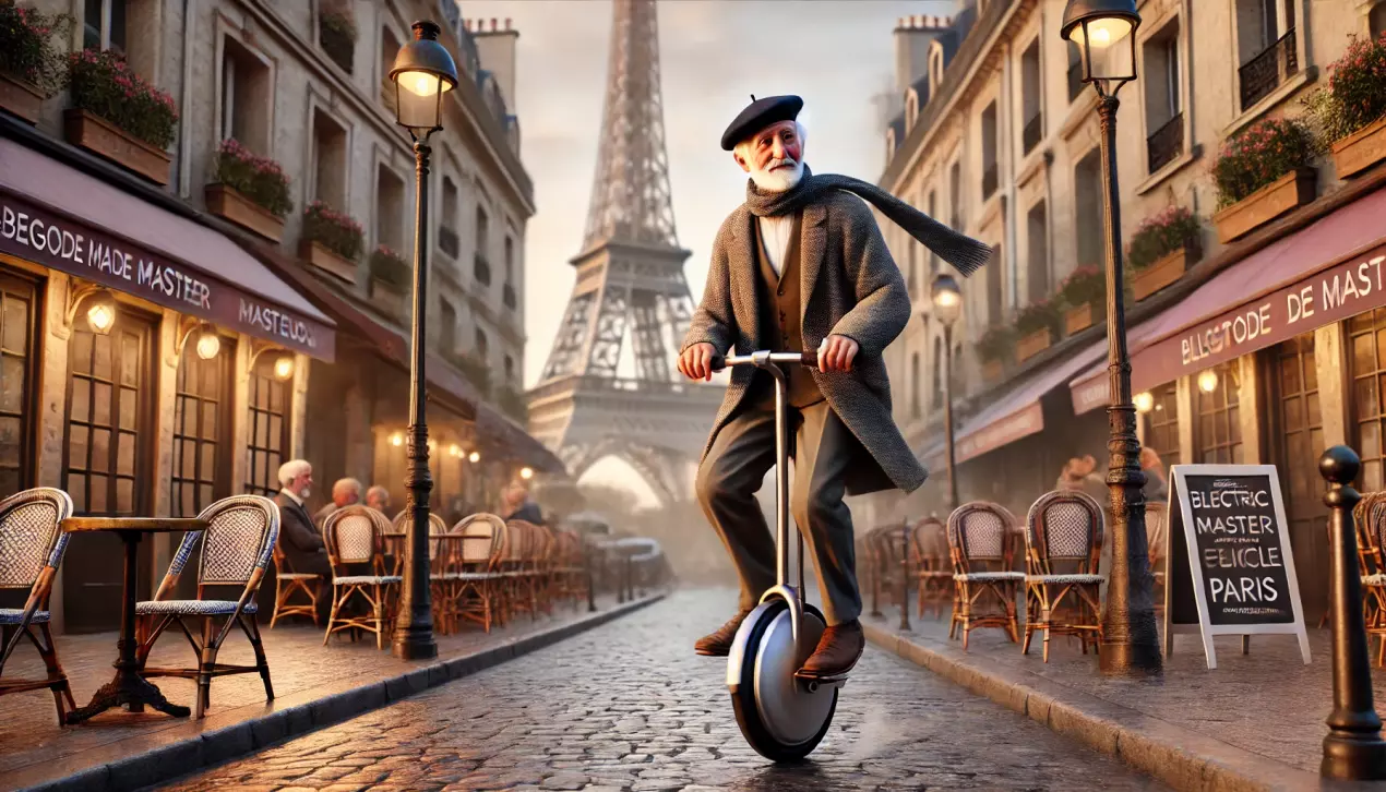 DALL·E 2025-01-06 11.01.15 - A realistic illustration of an elderly man riding a Begode Master EUC (electric unicycle) through the streets of Paris. The man has a kind expression,.webp