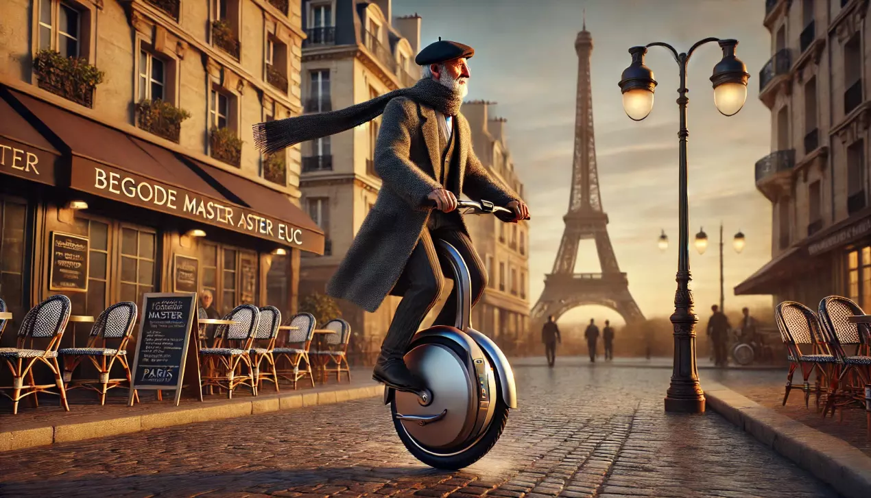 DALL·E 2025-01-06 11.01.29 - A realistic illustration of an elderly man riding a Begode Master EUC (electric unicycle) through the streets of Paris. The electric unicycle has no h.webp